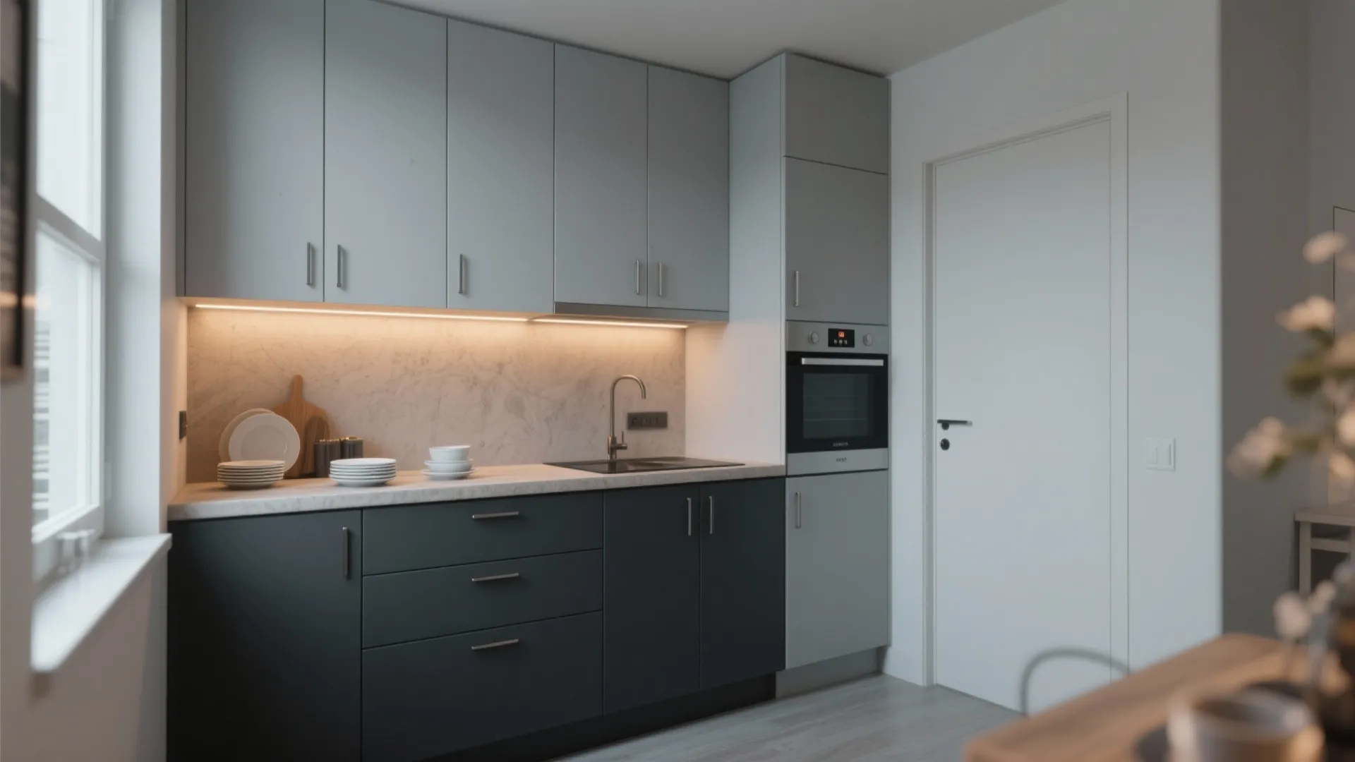 3. Two-Tone Grey Cabinets: Upper Light, Lower Dark