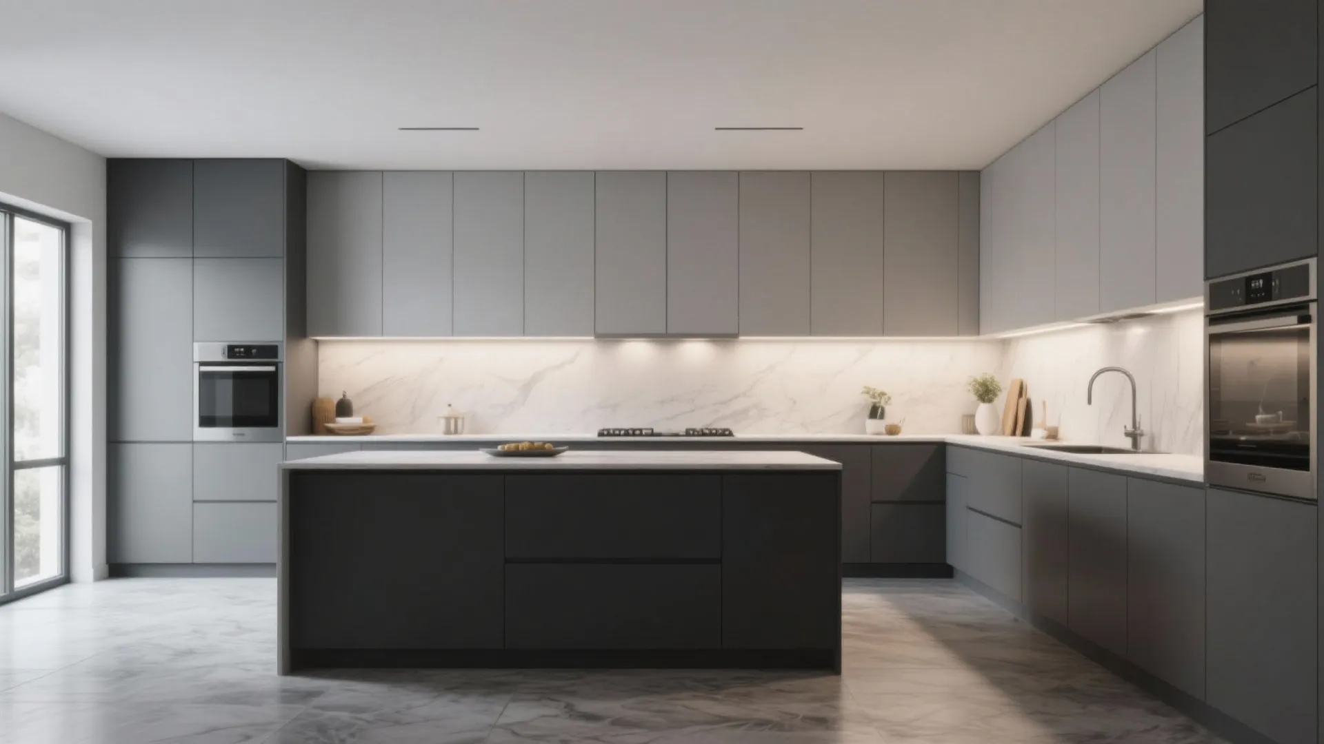 Modern kitchen with grey cabinets large island marble backsplash built in oven and under cabinet lighting