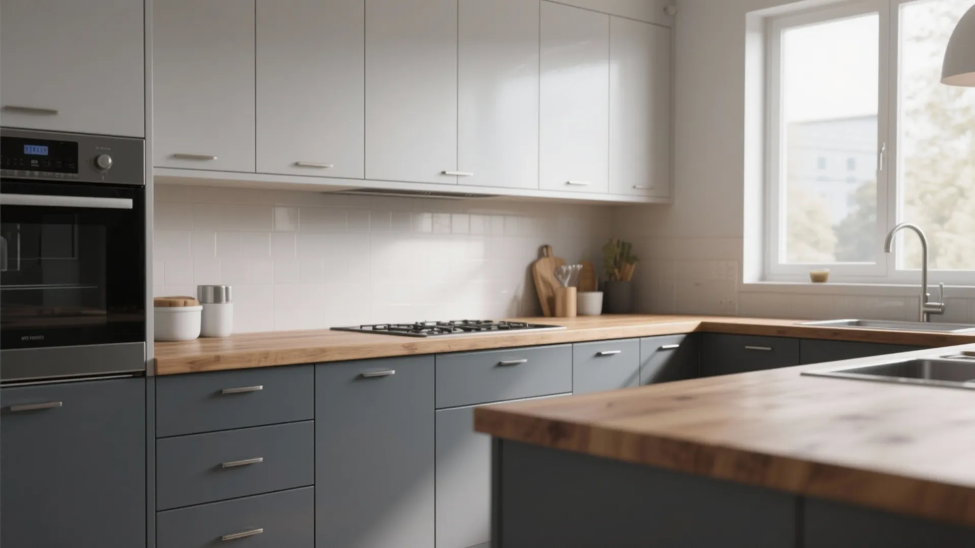 4. Two-Tone Approach: Grey Base, Lighter Upper Cabinets