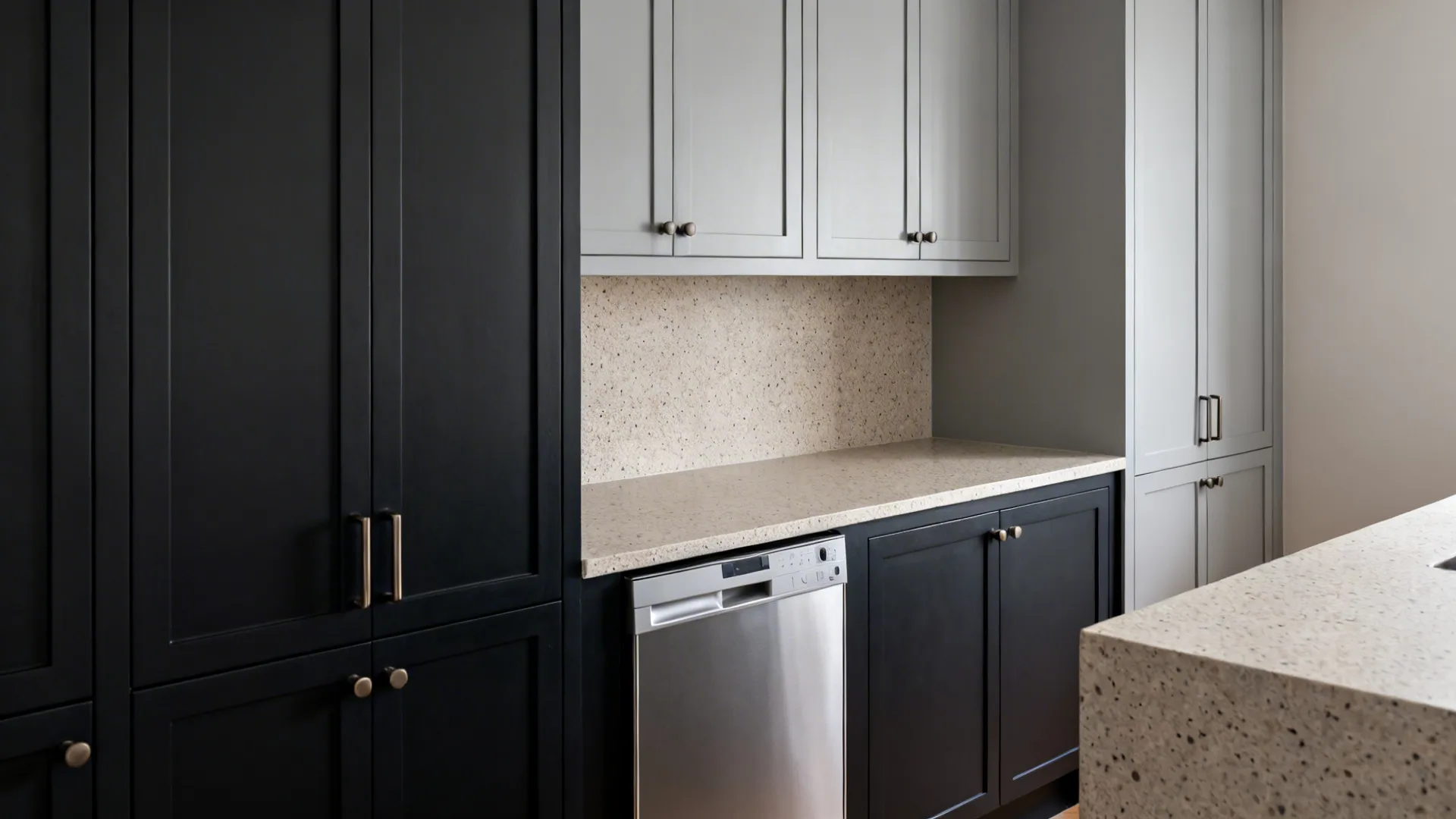 Modern kitchen with black and gray cabinets featuring speckled beige countertop and built in dishwasher