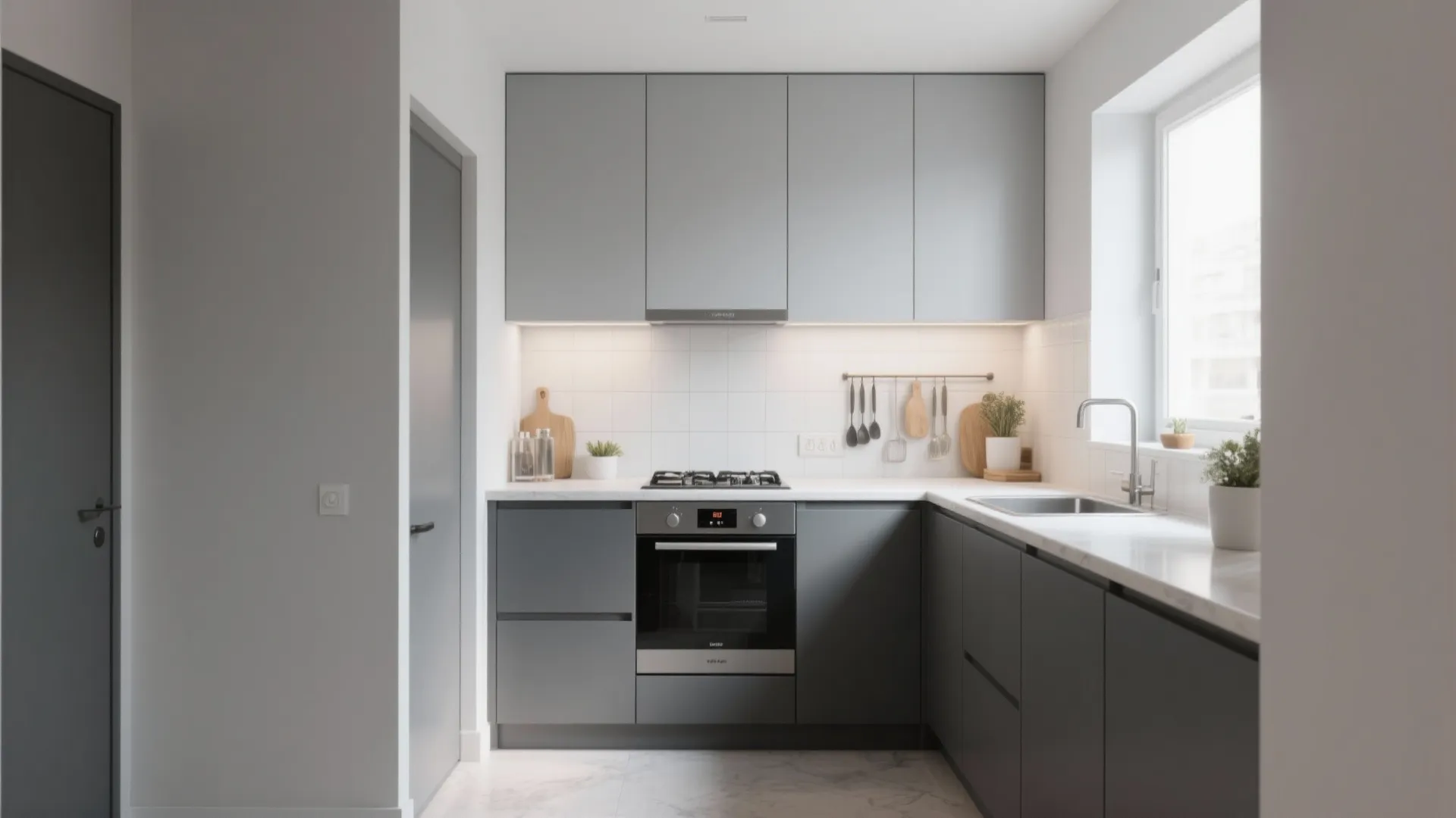 Minimalist grey kitchen with white countertop built in oven gas stove silver sink and large window