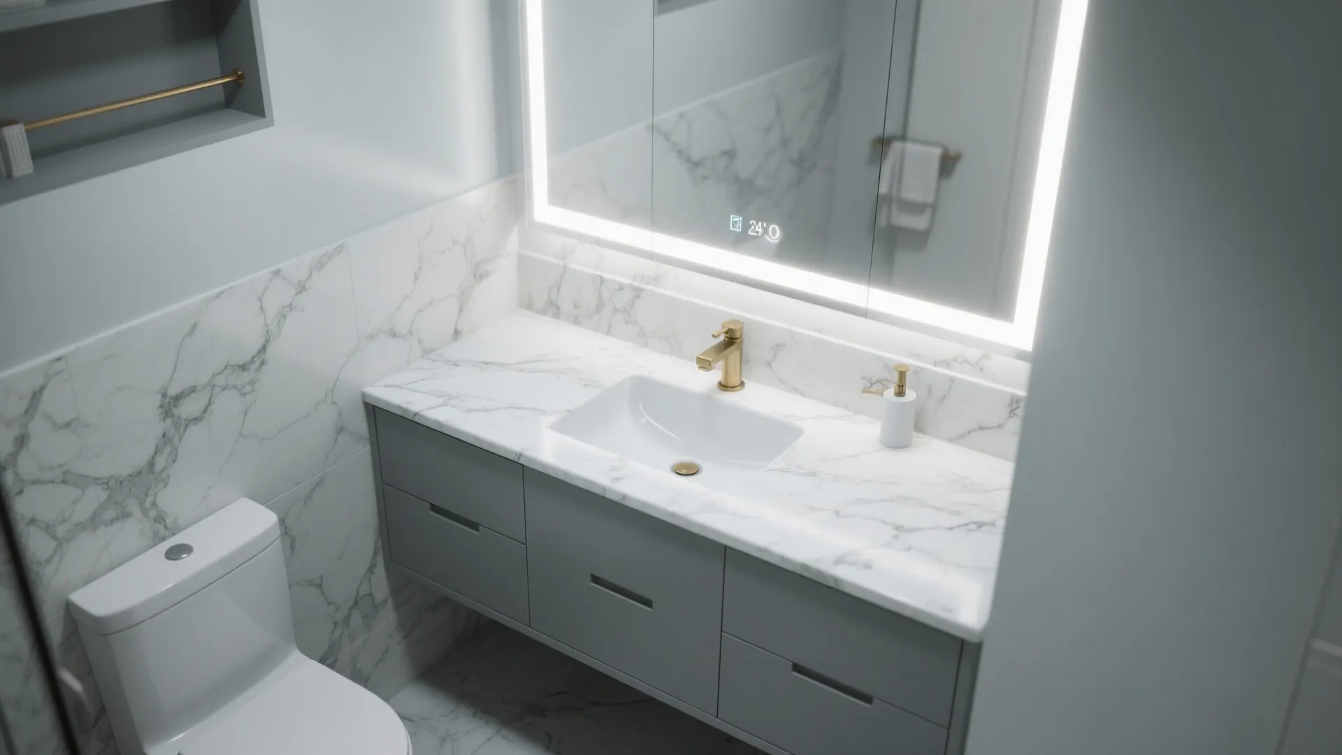 3. Two-tone vanity: grey base, white marble top