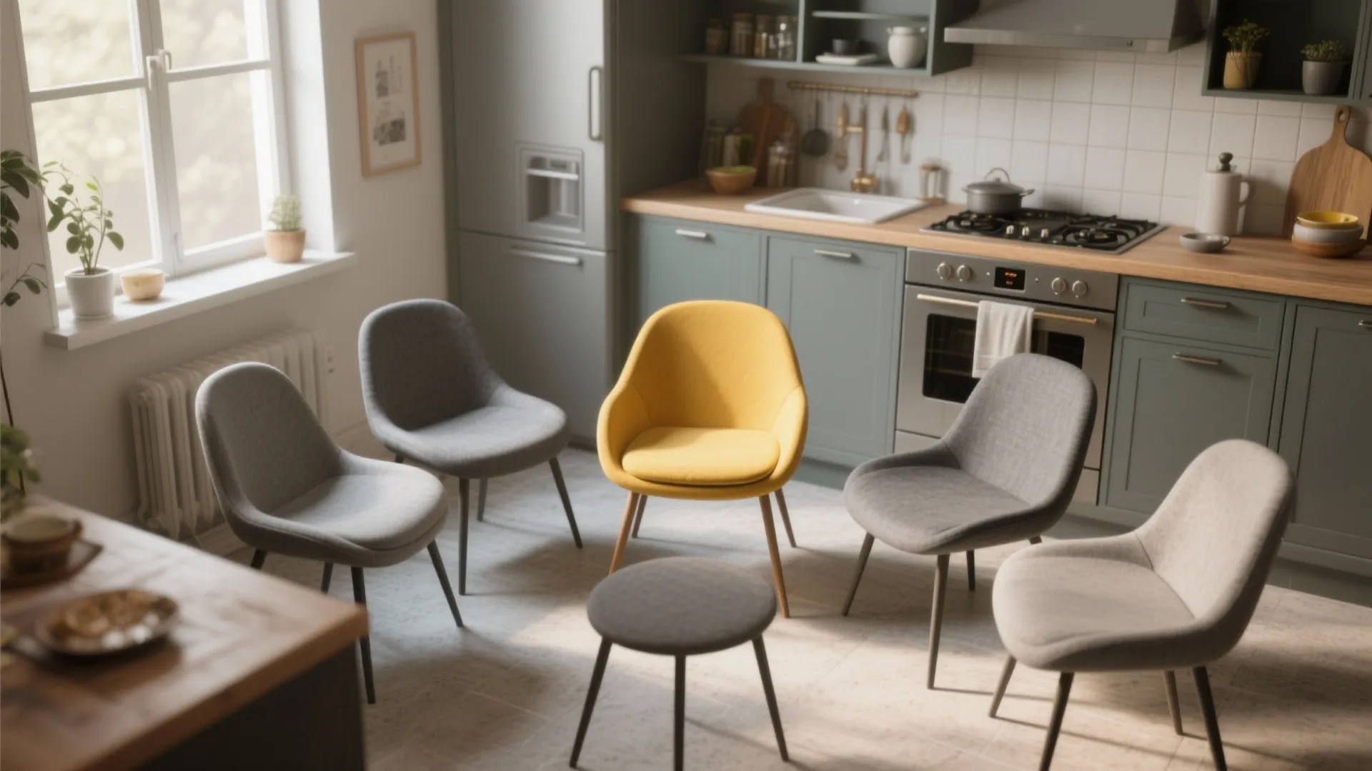 Kitchen space showing a bright yellow chair standing out among several grey and white chairs