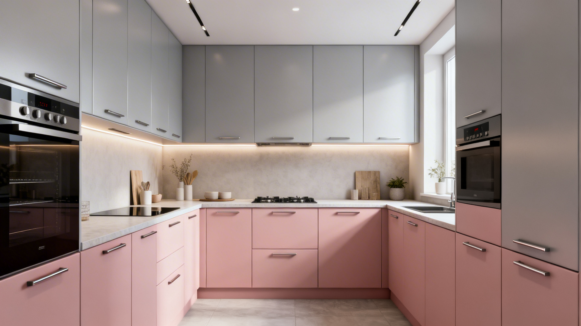 A small kitchen with a two-tone grey and pink color scheme, featuring a stylish kitchen island and pendant lights