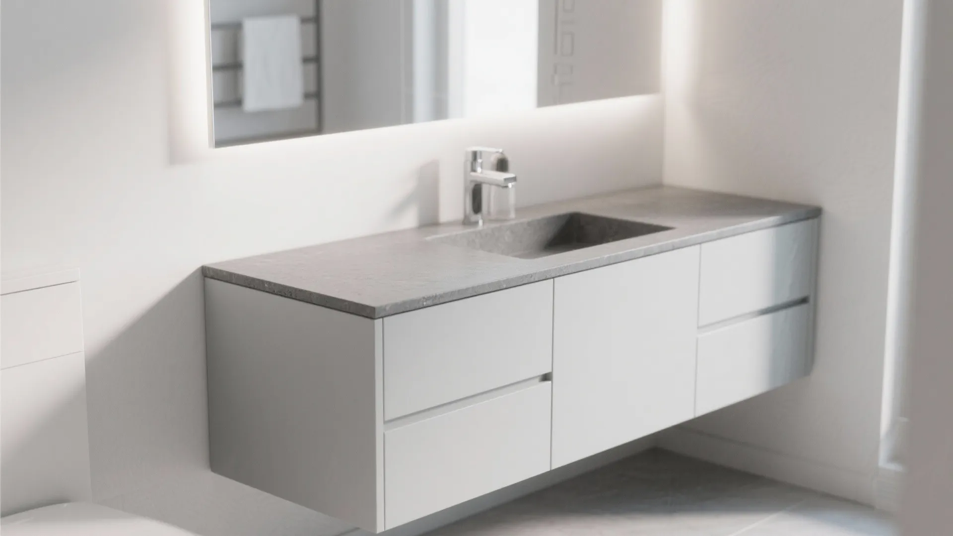 Modern white bathroom wall cabinet with grey stone top and silver water tap and mirror