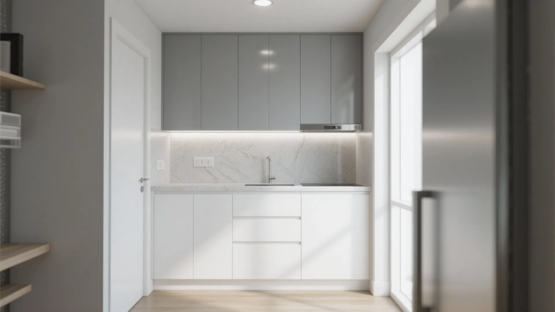 1. Two-tone light grey and white cabinets