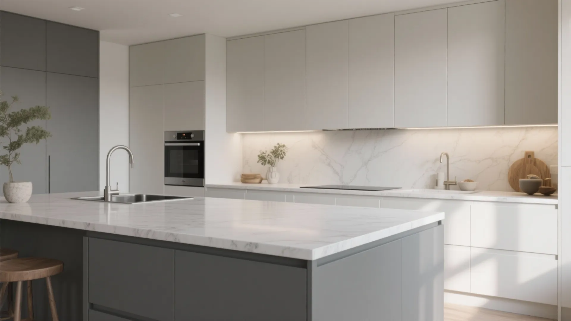 Minimalist grey and white kitchen design with marble island sink oven wall cabinets and soft lighting