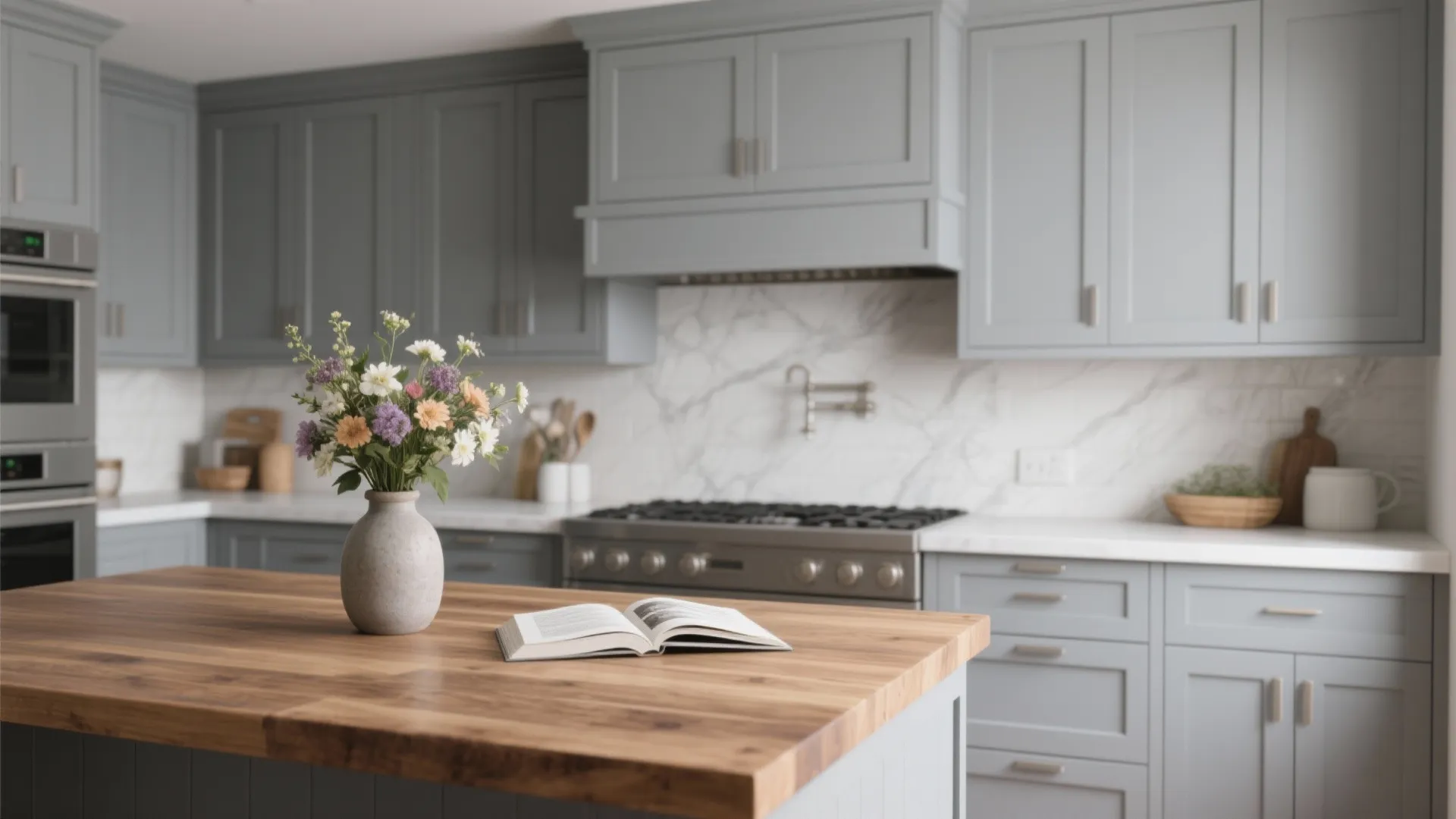 Grey kitchen cabinets with wooden island featuring a vase of flowers and an open book