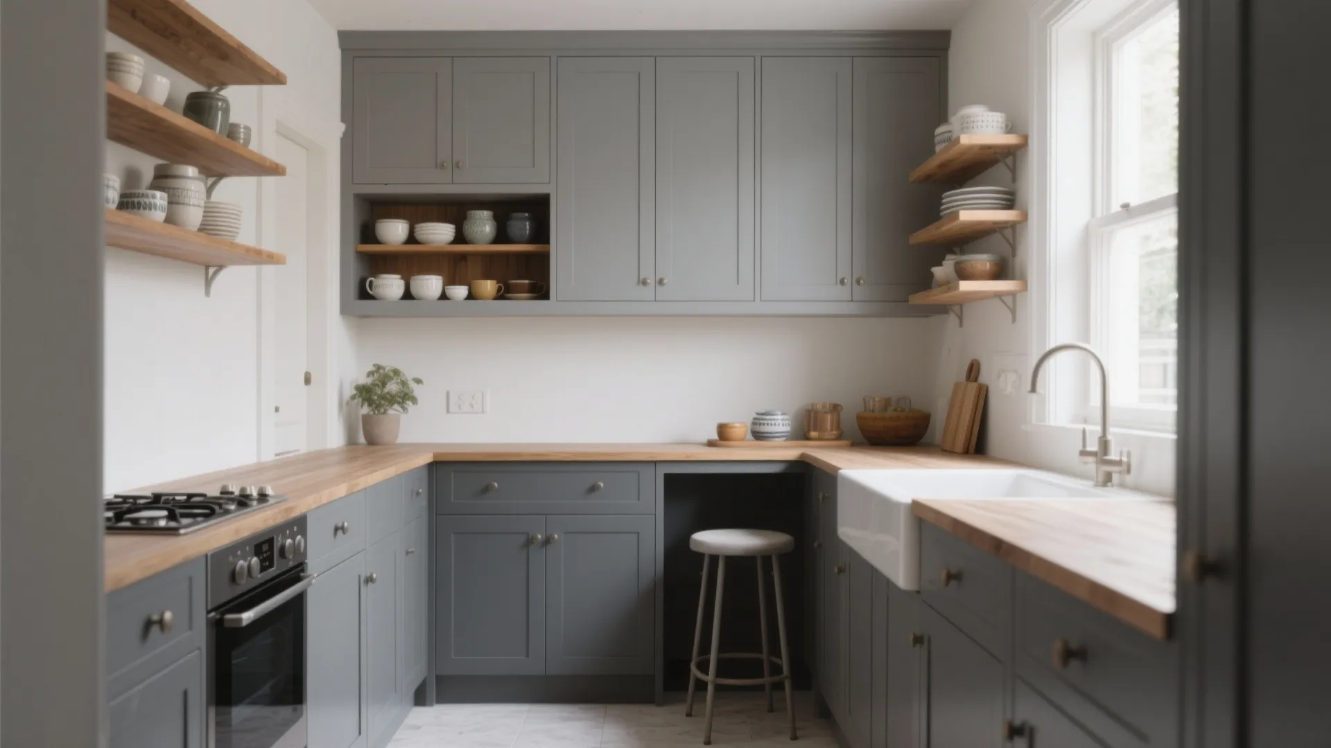 1. Two-tone grey with natural wood accents