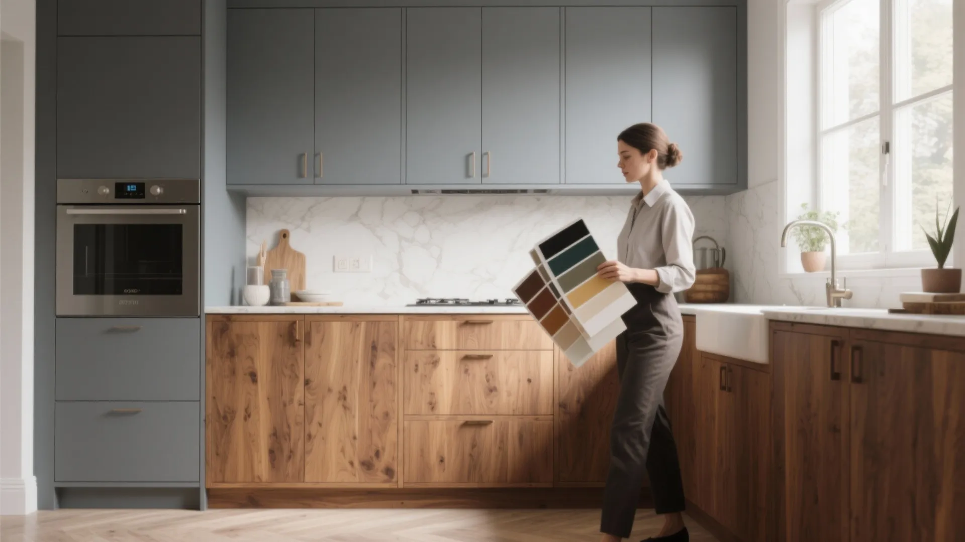 1. Two-tone grey with warm wood