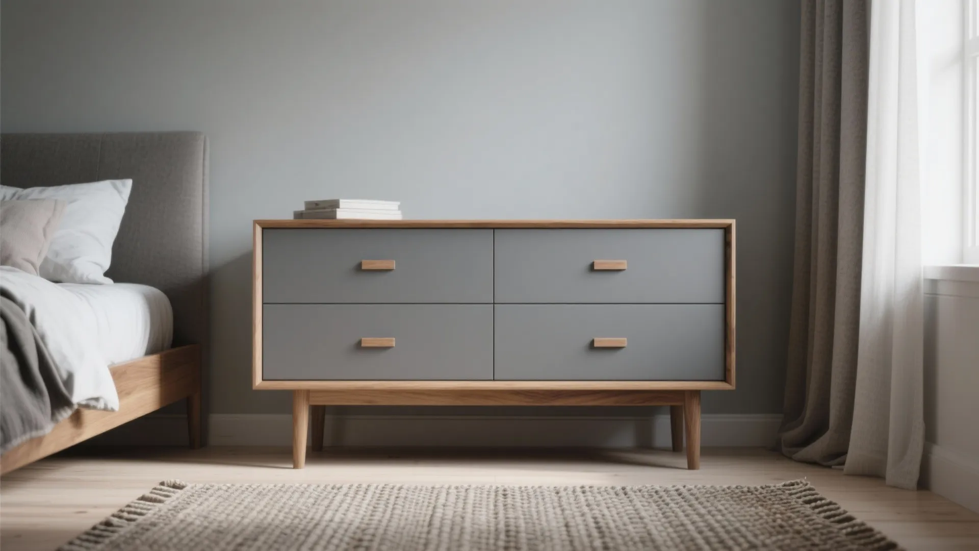 Two-tone grey dresser with warm oak accents in a Scandinavian bedroom.