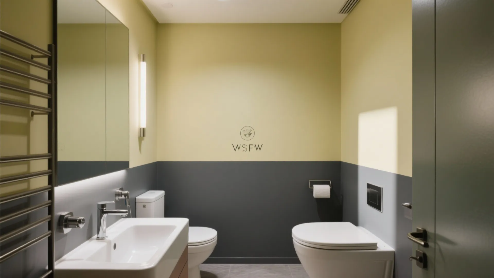 Modern bathroom with yellow and grey painted walls plus white sink toilet and wall light