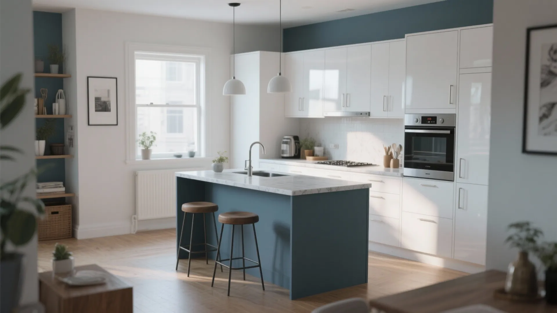 2. Two-tone scheme: grey-blue island, crisp white perimeter