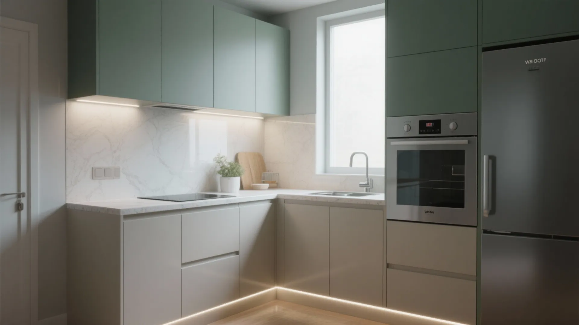 2. Two-tone layout: grey green upper, pale neutral lower