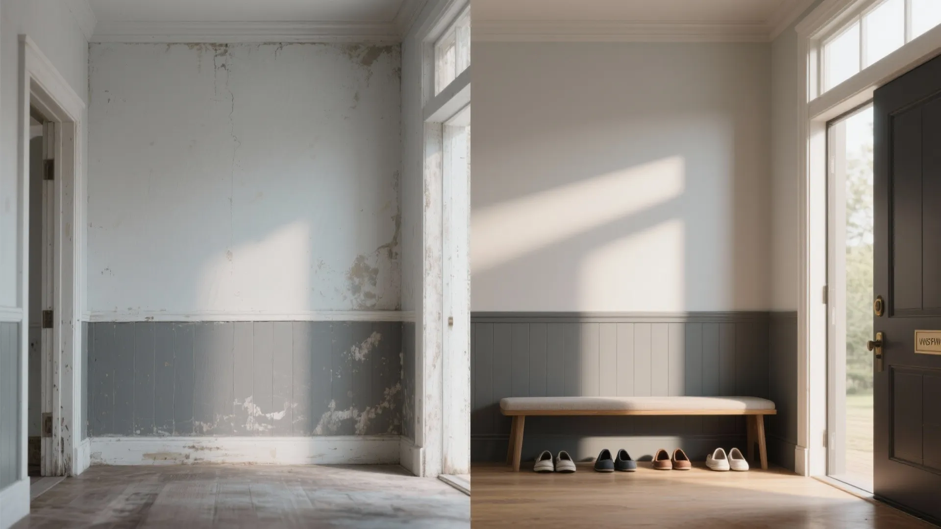 Before-and-after comparison of a messy old hallway renovated into a clean entryway with wall panels