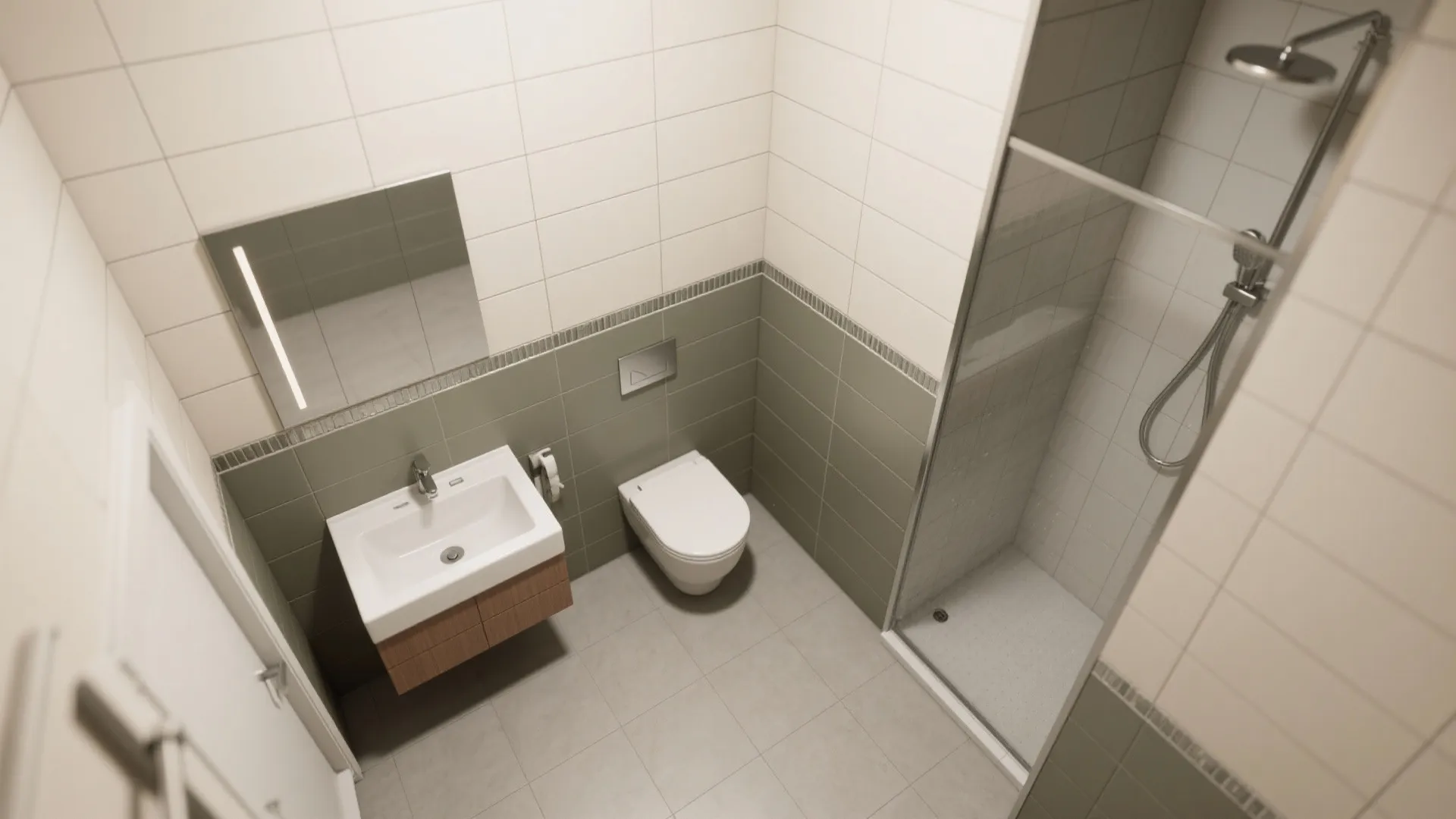 Top view of a small bathroom with white sink, wooden cabinet, toilet, and glass shower