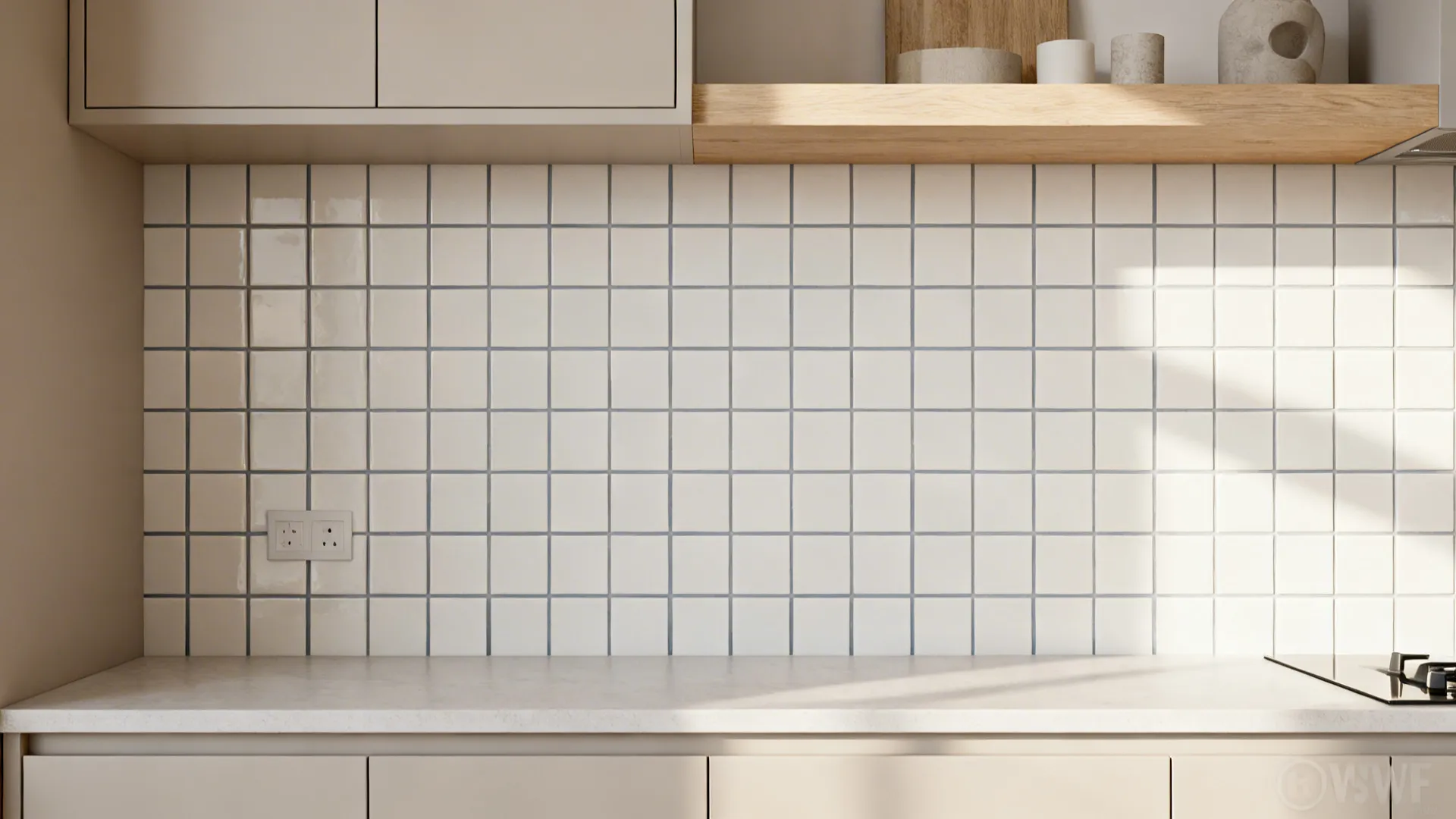 Off-white tiles with cool grey grout forming a subtle geometric contrast.