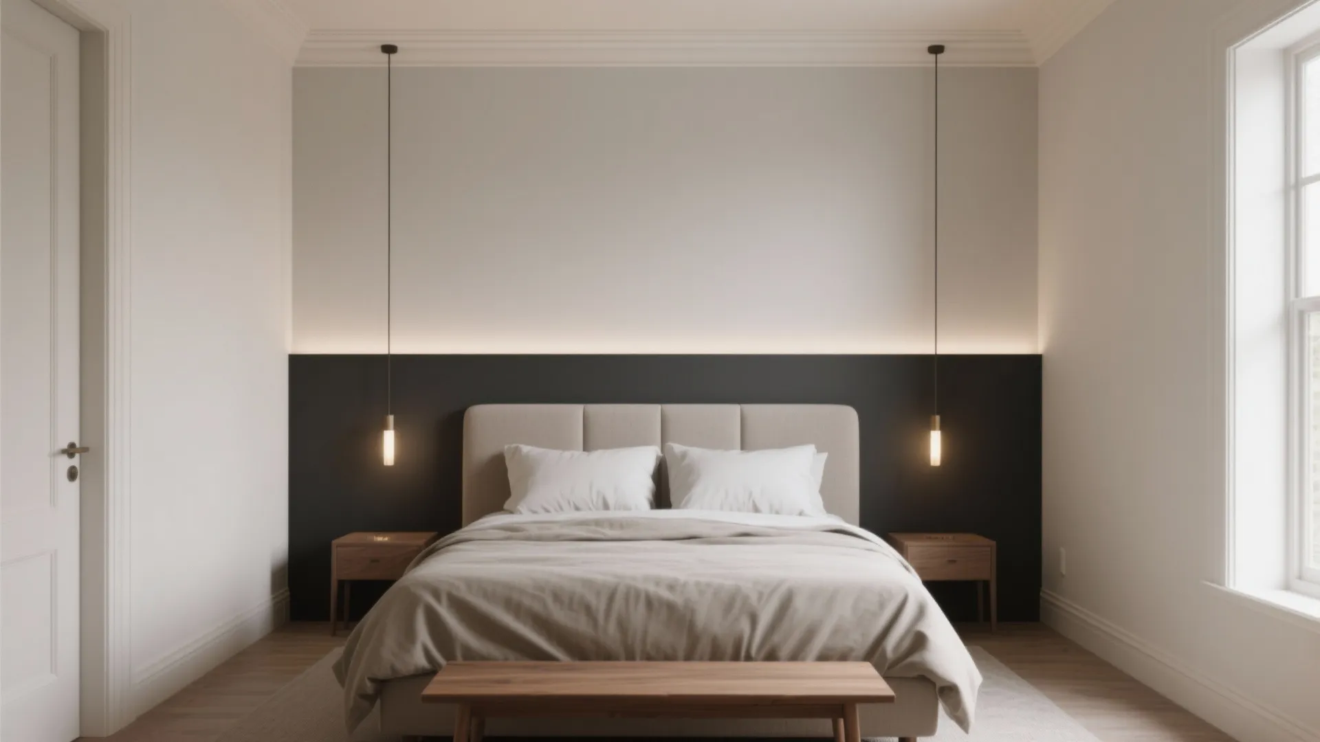 Minimalist bedroom with two tone wall white bedding wood bench hanging lights and natural light windows