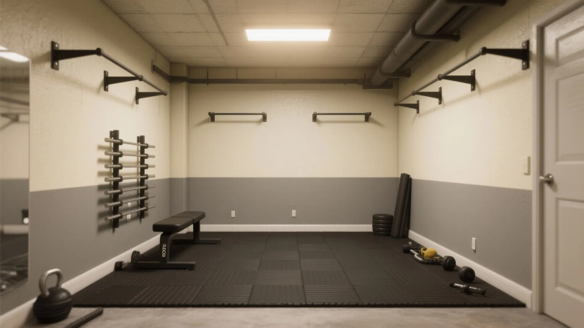 Home workout room with two tone grey walls pull up bars weight bench and floor mats