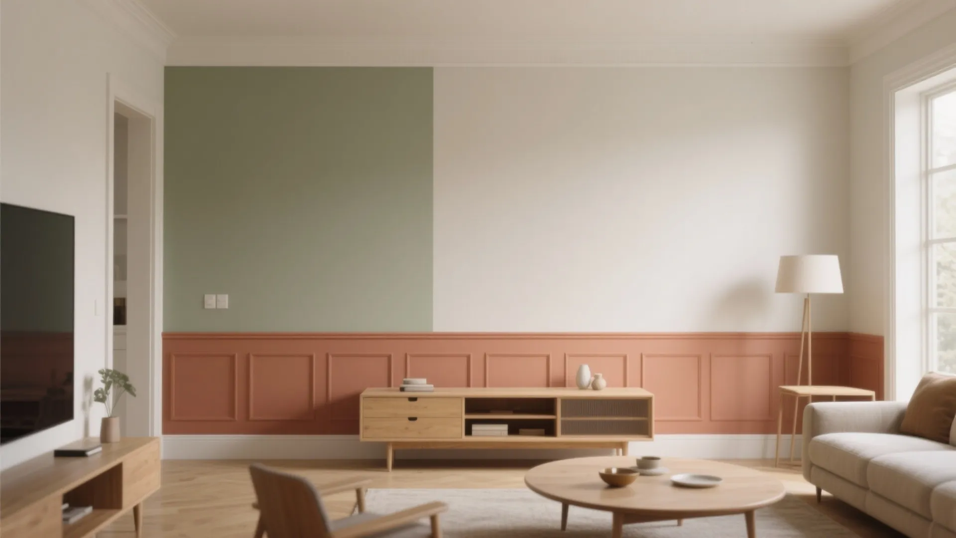 Living room with green white walls, orange wall panel, wooden cabinet, sofa, and round table