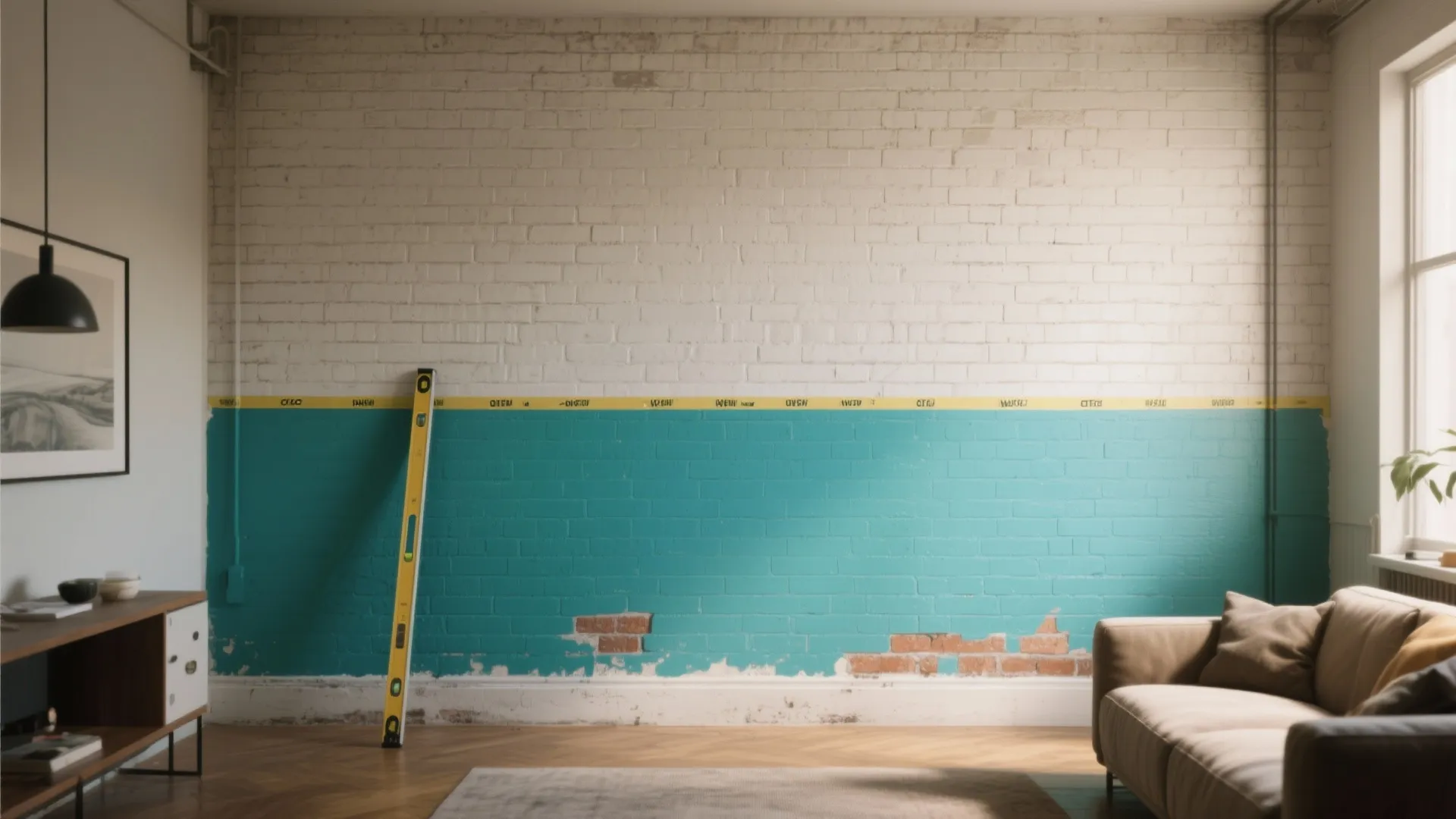 Interior showing a two-tone brick wall with a saturated lower half and natural upper half, with painter's tape and level visible.