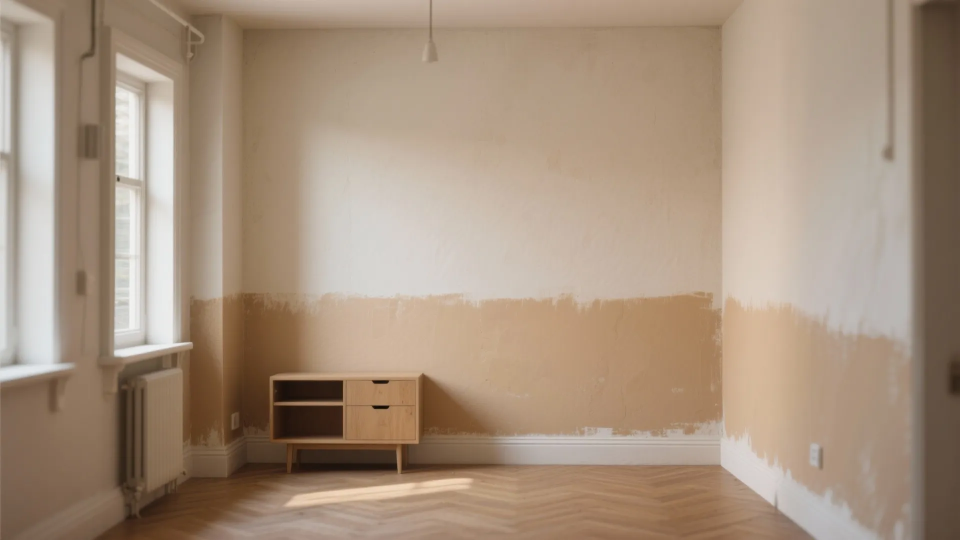 Compact room with a hand-painted two-tone half wall and a soft, hand-cut transition line.