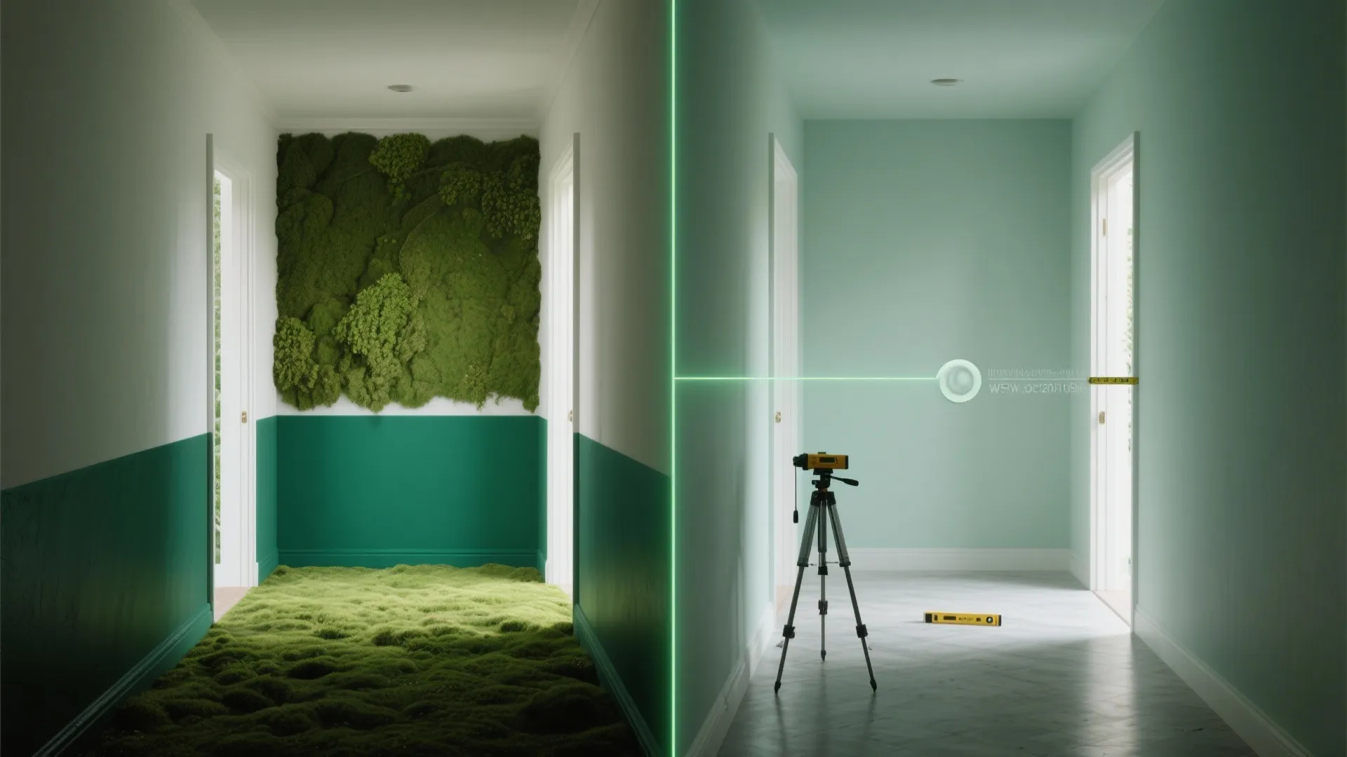 Split view showing two-tone half wall with darker lower green and lighter upper moss, with laser level tool.
