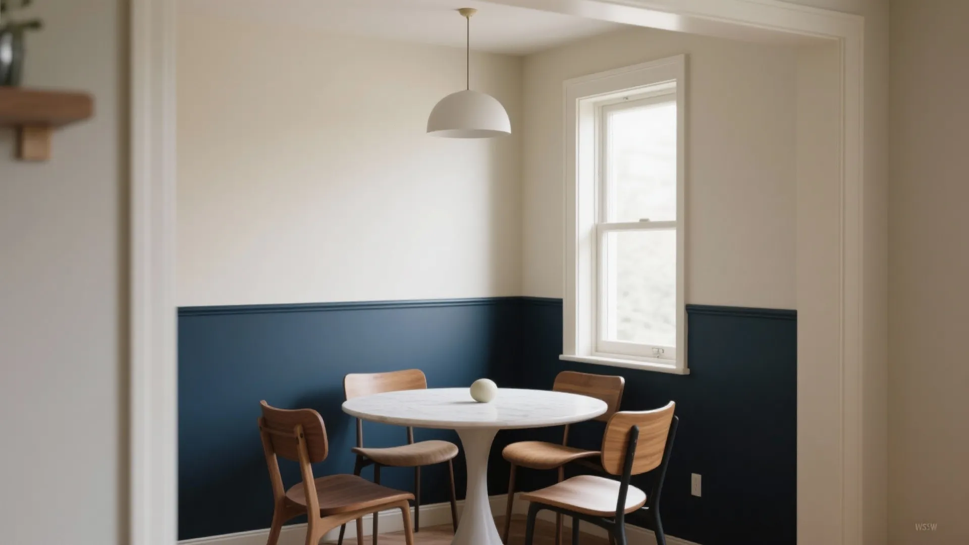 Dining nook with a navy lower half wall and cream upper section framing a small table and chairs.