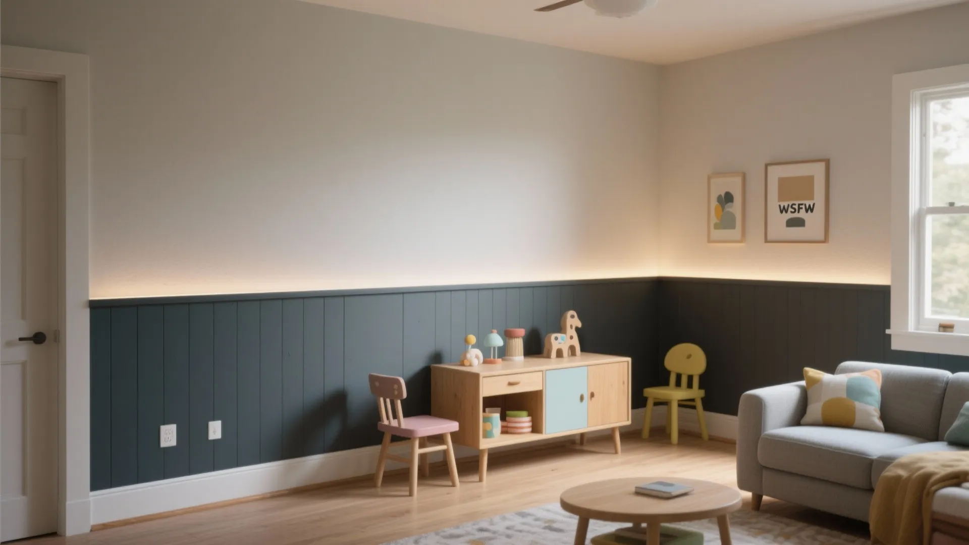 Kids playroom with dark blue wall panel and hidden light strip above small wooden furniture
