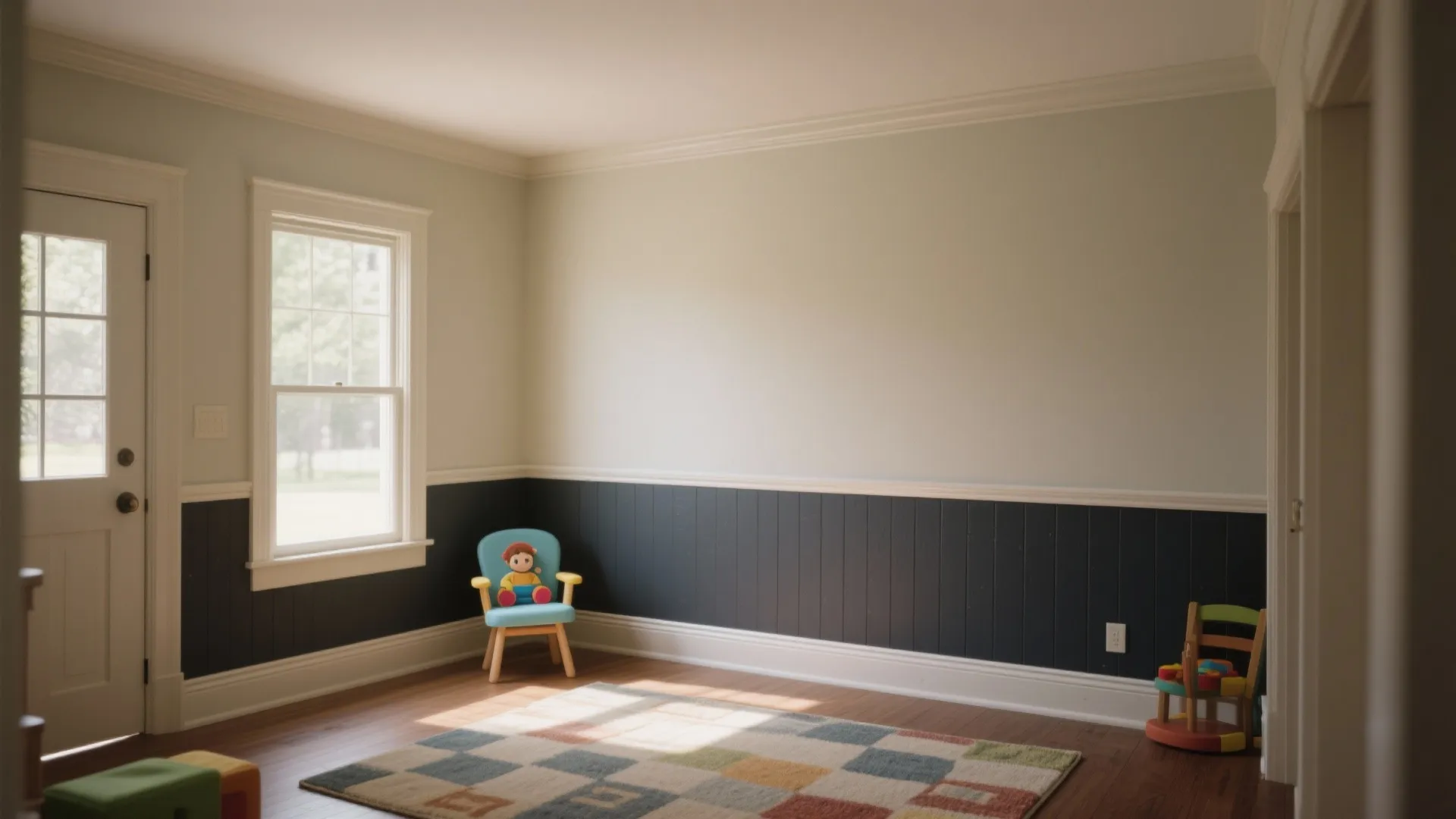 Empty playroom with beige walls dark grey wall panel white door window and checkered rug