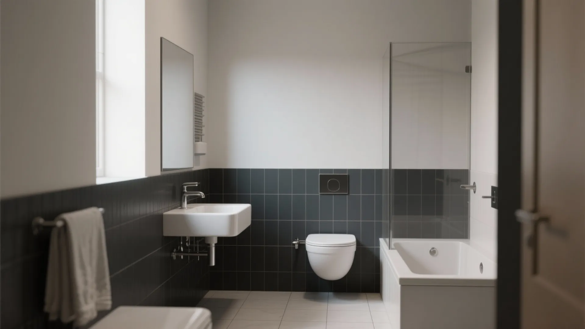 Bathroom with a darker painted tiled lower half and a light painted upper wall, showing a clean horizontal split.