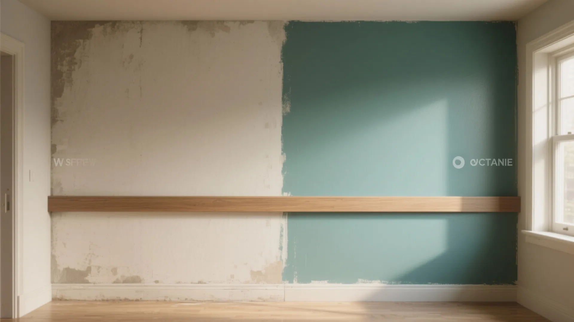 Before-and-after view of a small room converted by a robot-painted two-tone half wall with a perfectly level horizontal rail.
