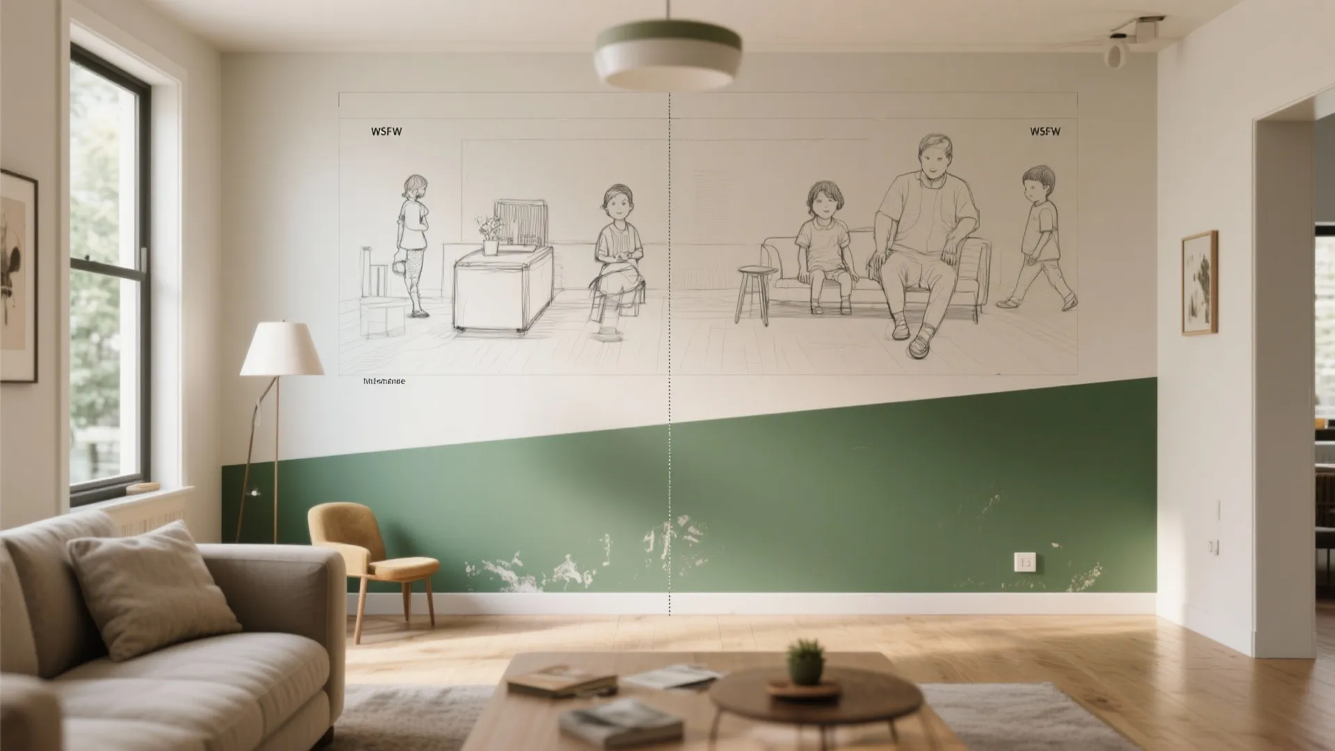 Living room with white and green wall panel plus a drawing showing family furniture ideas