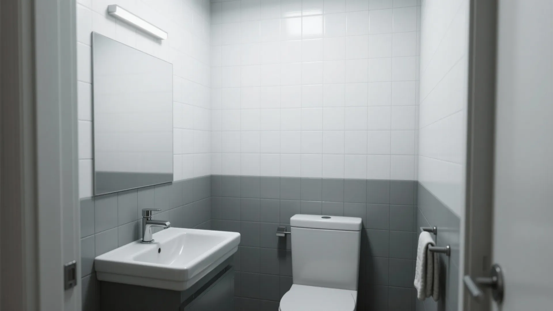 Small bathroom with a mid-grey lower half-wall and crisp white upper walls with a slim trim.