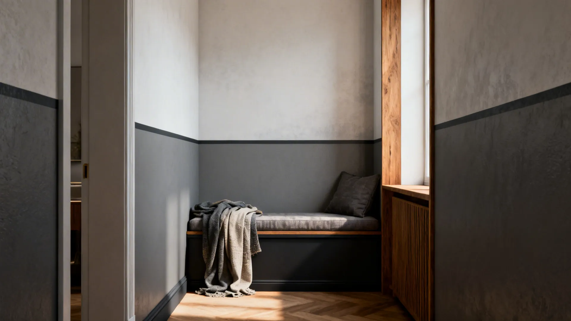 Narrow room with a two-tone grey half wall, darker base and lighter upper wall anchoring the seating.
