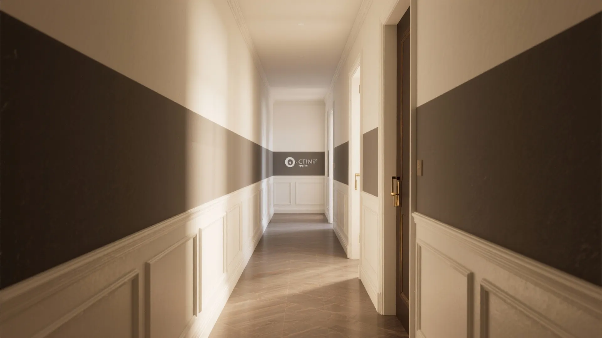 Modern hallway with two-tone grey and white walls featuring classic wall panels and wooden flooring