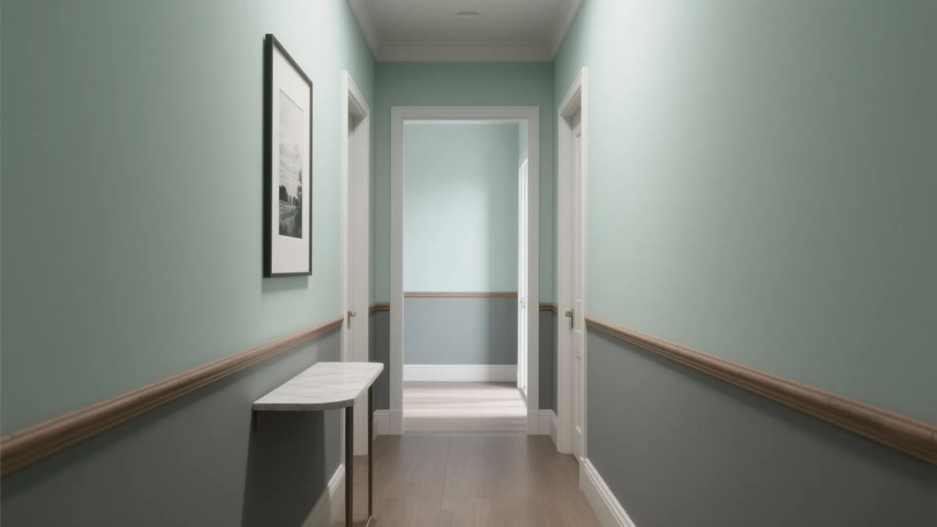 Long hallway with light blue and grey wall panel design wooden floor and white doors