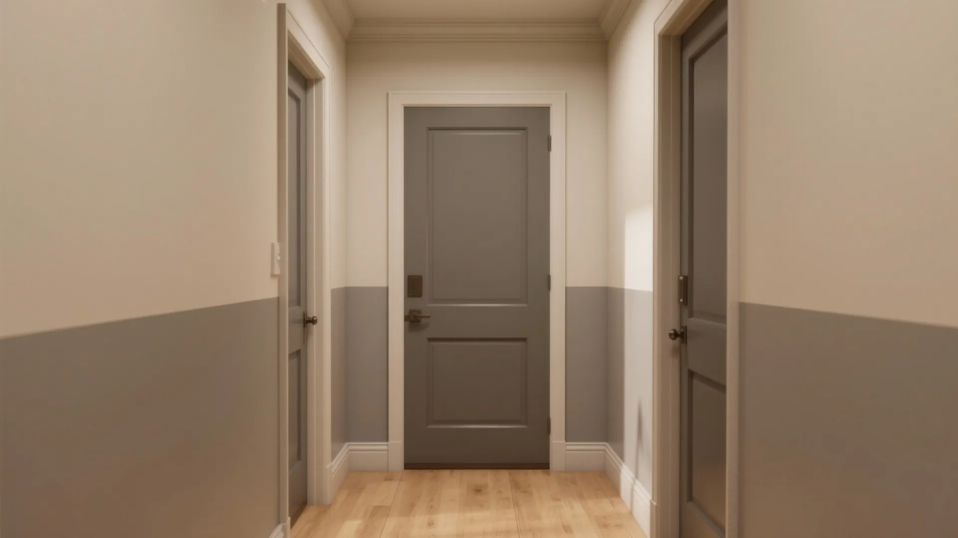 Narrow hallway with two-tone grey and cream walls, matching grey doors, and light wood flooring
