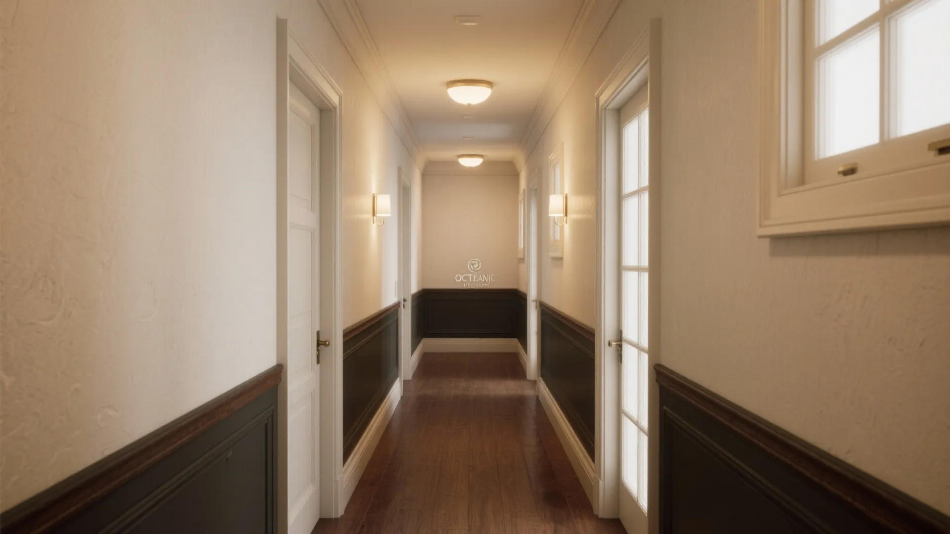Long hallway with dark wall panel lower half white upper walls wood floor and lights