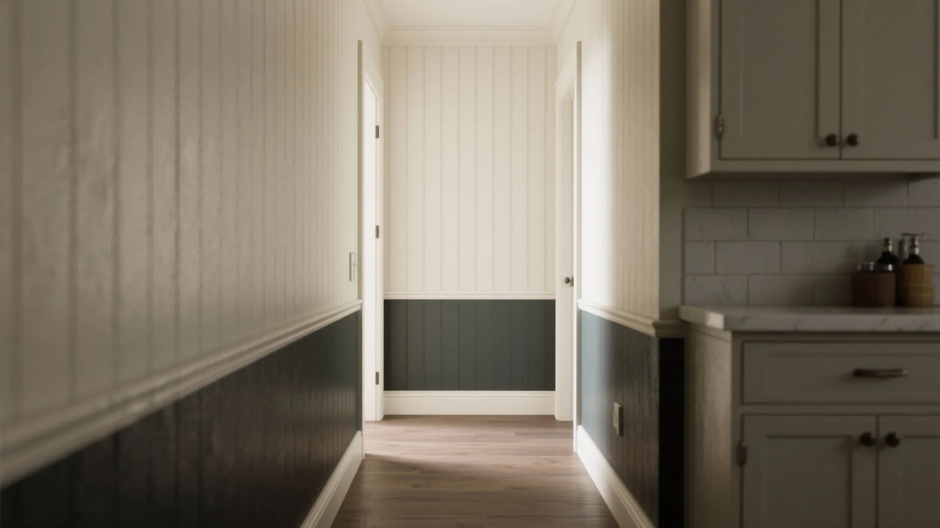 Narrow hallway with dark green wall panels and white vertical panels on the upper section