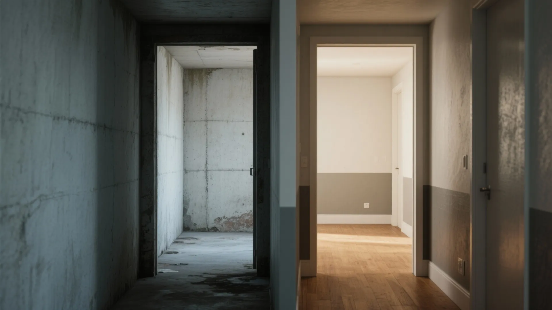 Before and after comparison showing raw concrete walls versus a finished hallway with wood flooring