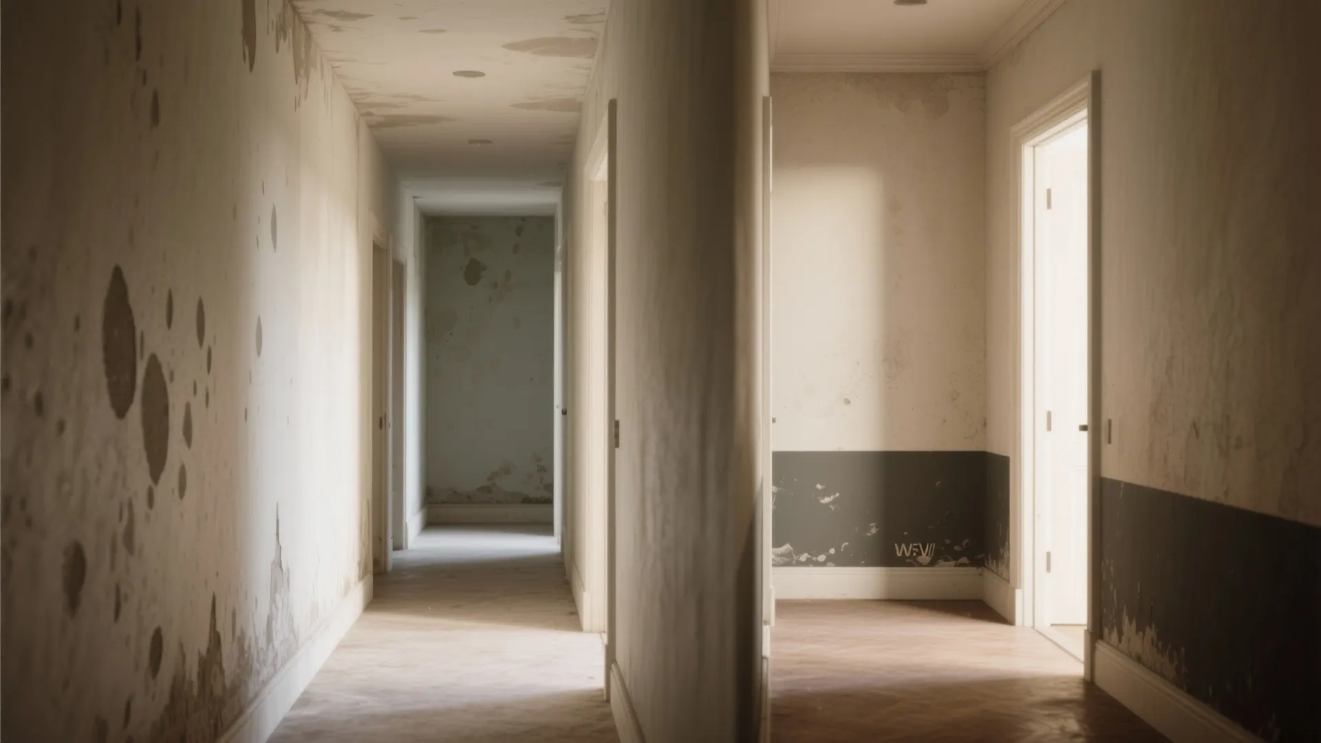 Empty hallway showing worn white and dark grey wall paint with wooden floor and doors