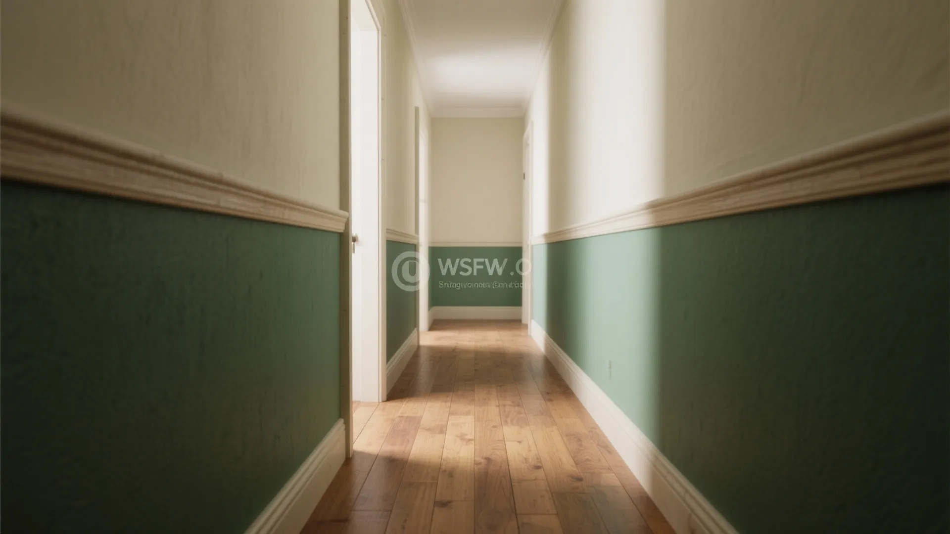 Two-tone hallway with a darker lower band and lighter upper walls separated by a crisp rail line.