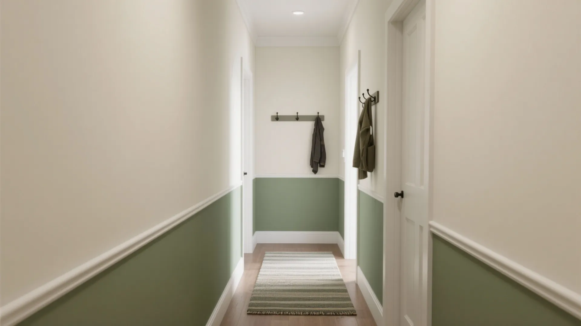 Long hallway with cream and olive green wall paint colors plus a striped floor rug