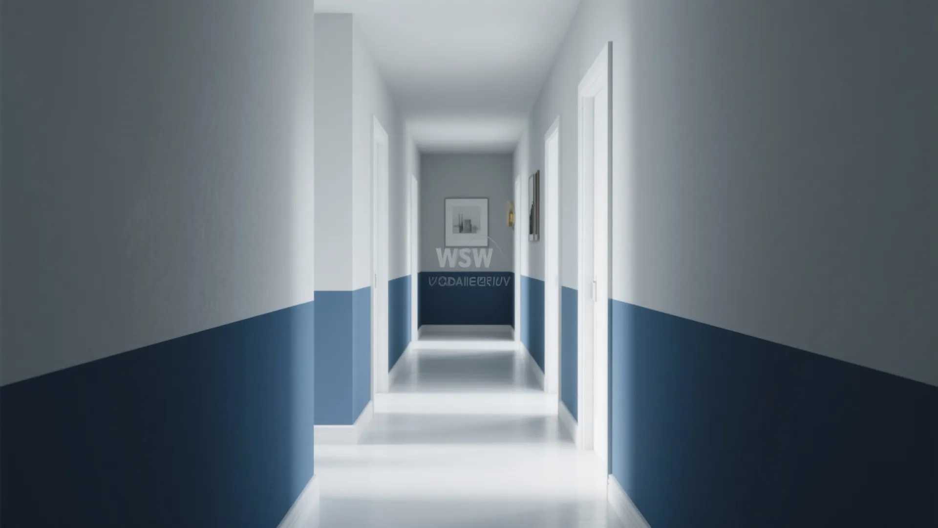 Bright hallway featuring blue and white wall paint design with multiple white doors and frames