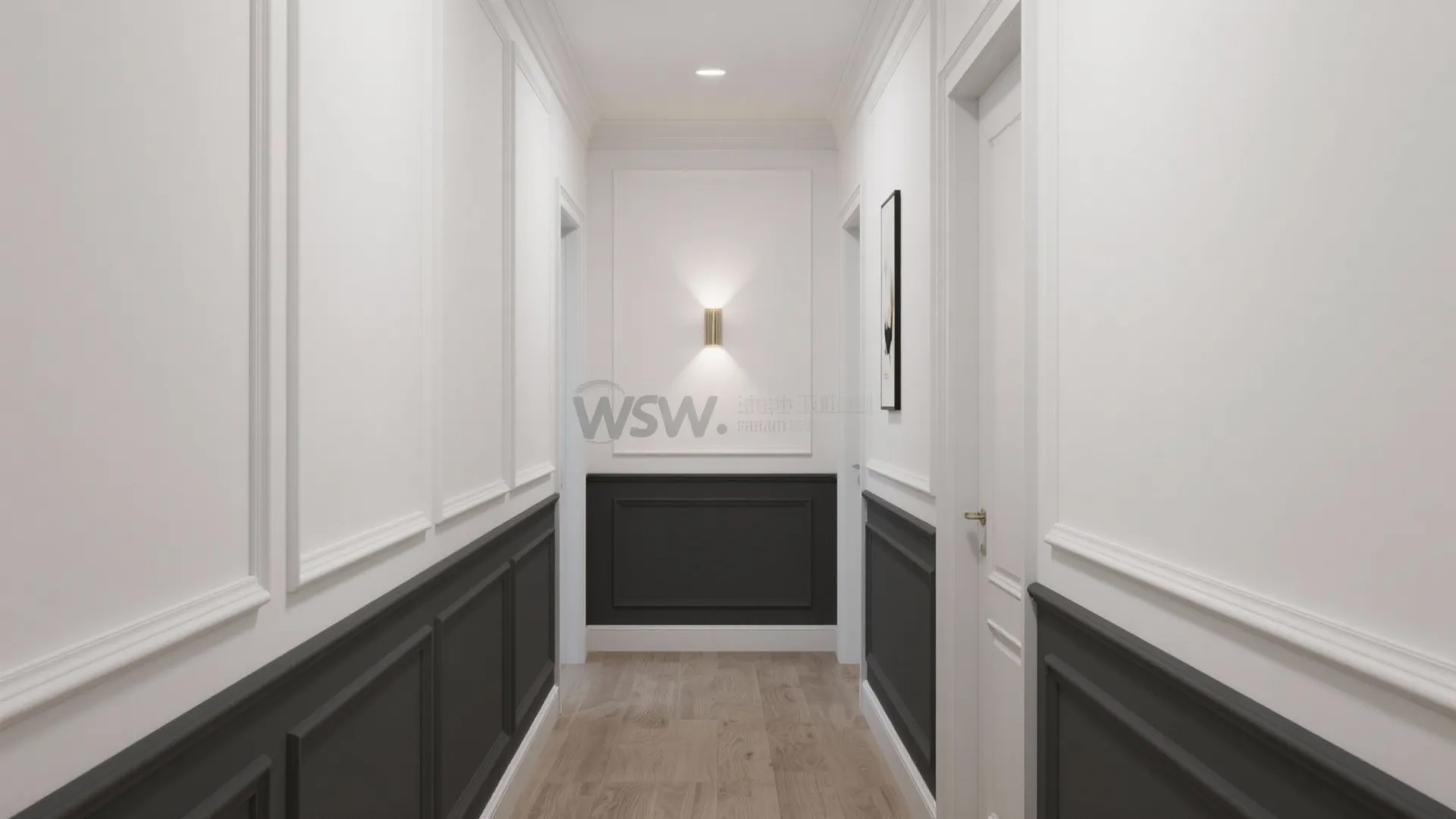 Modern hallway featuring white upper walls and dark grey wall panel with light wood flooring