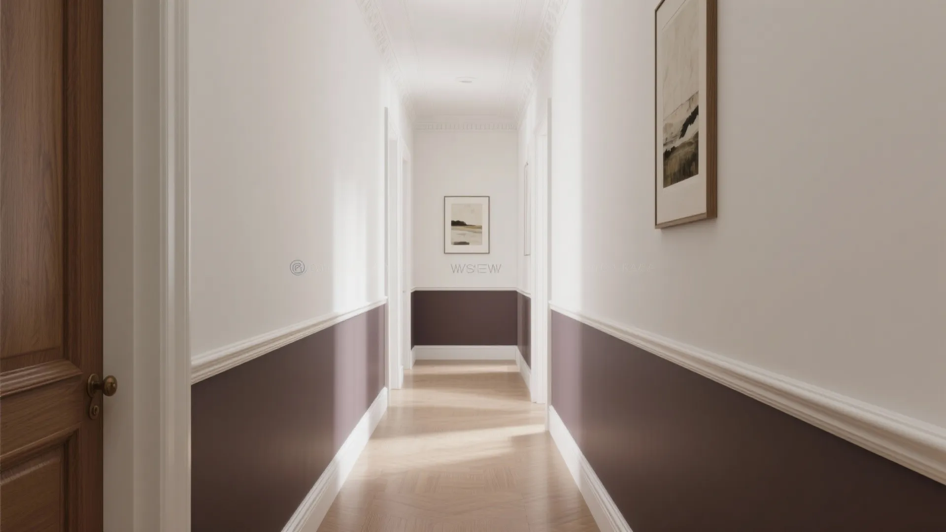 Bright hallway featuring white upper walls and dark purple wall panel with light wooden flooring