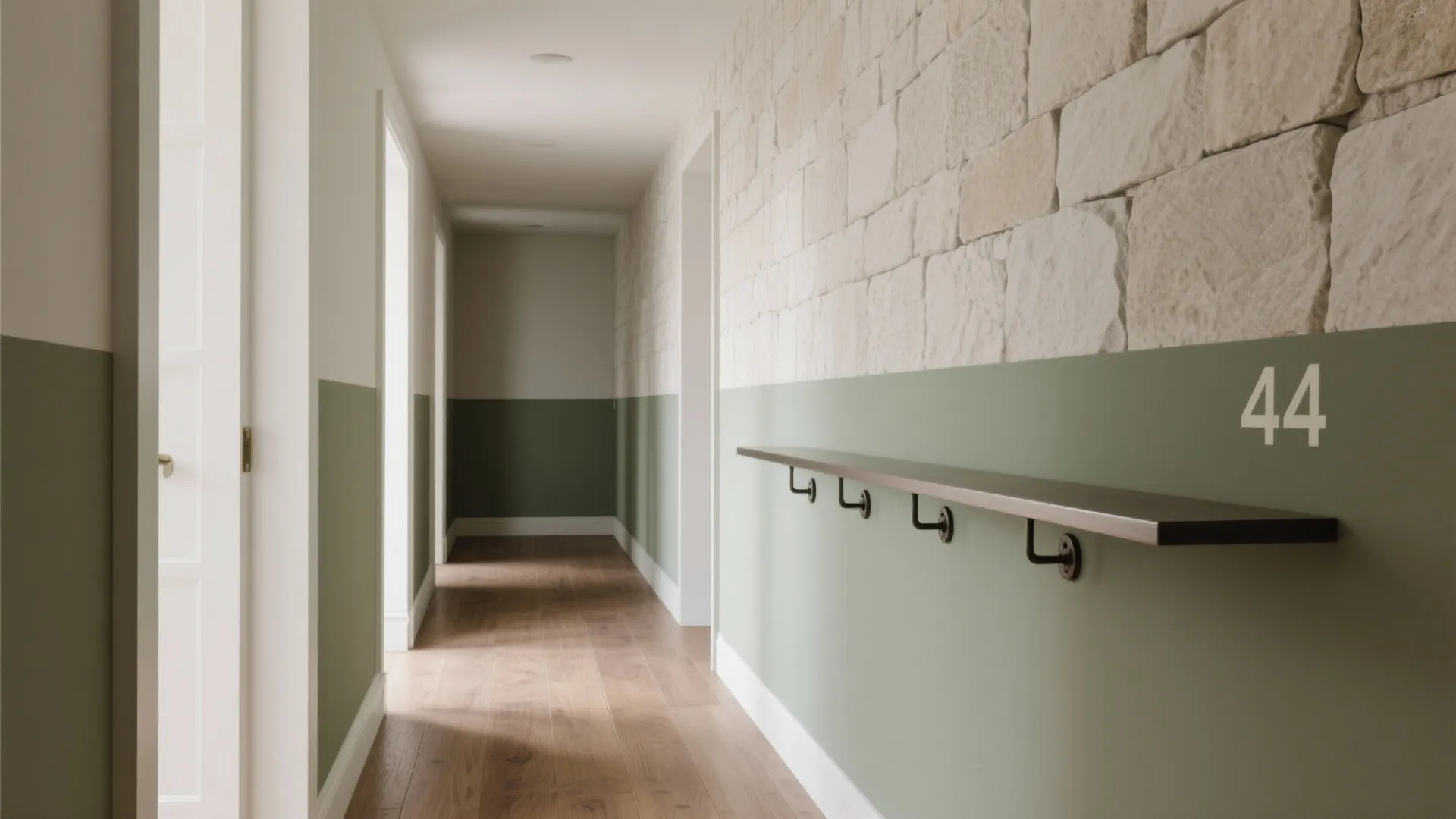 Modern hallway featuring green lower wall panel stone upper wall texture and long wooden floating shelf