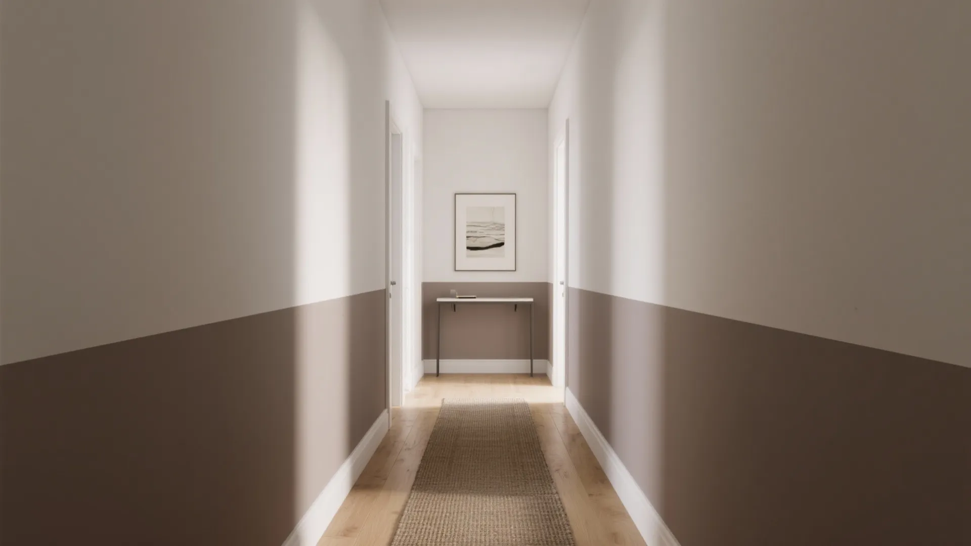Narrow hallway with brown and white wall panels wooden floor runner rug and console table