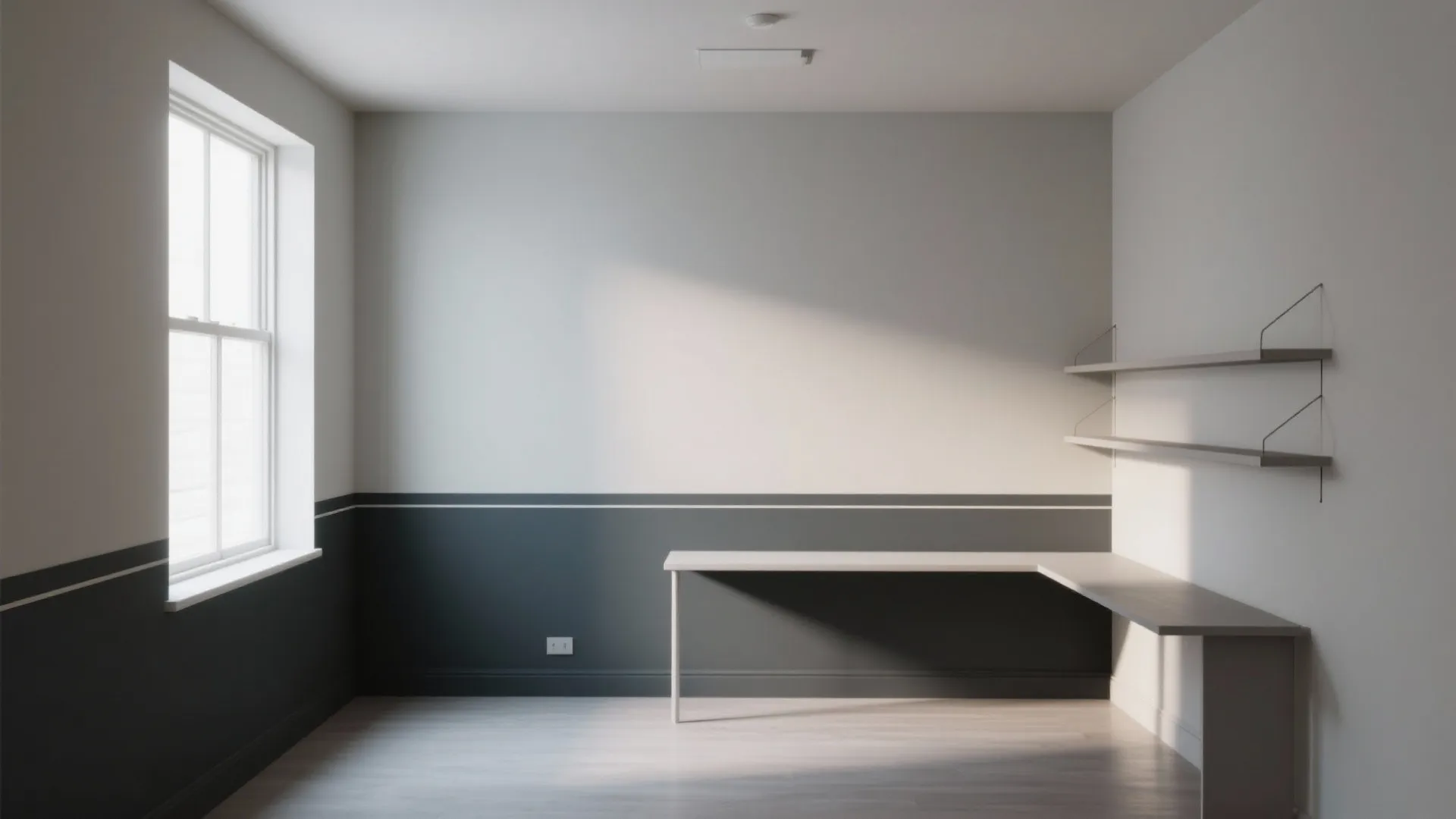 Empty minimalist room with two-tone grey walls, white desk, wall shelves, and a large window